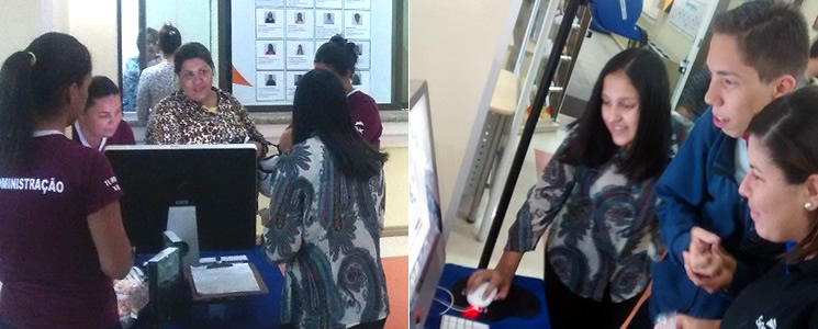 Alunos interagem com jogo em computador da unidade Alunos interagem com jogo em computador da unidade