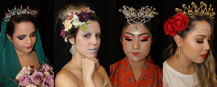 Montagem com fotos de noivas maquiadas representando, em ordem, Finlândia, França, Japão e México. Montagem com fotos de noivas maquiadas representando, em ordem, Finlândia, França, Japão e México.