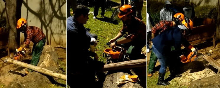 Imagens de alunos utilizando a motosserra no jardim do Senac Penha Imagens de alunos utilizando a motosserra no jardim do Senac Penha