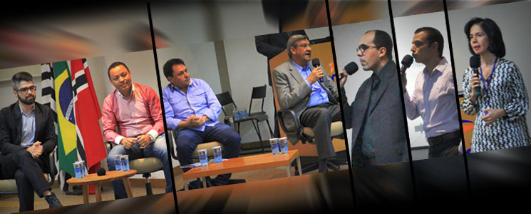 Montagem em diagonal com fotos da esquerda para a direita: empresários convidados debatem em mesa redonda, docente Douglas, docente Lucas e docente Rosangela. Montagem em diagonal com fotos da esquerda para a direita: empresários convidados debatem em mesa redonda, docente Douglas, docente Lucas e docente Rosangela.