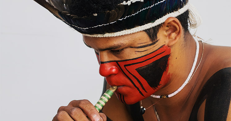 Índio da tribo Fulni-ô com cocar em tons escuros e pintura facial em tons de vermelho e preto Índio da tribo Fulni-ô com cocar em tons escuros e pintura facial em tons de vermelho e preto