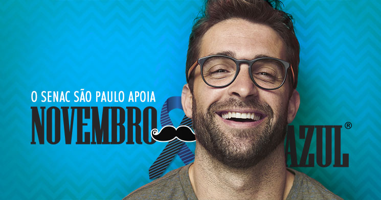 Homem jovem sorrindo, e identidade da campanha - imagem de bigode Homem jovem sorrindo, e identidade da campanha - imagem de bigode
