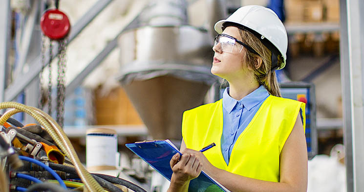 Mulher com equipamentos de proteção faz anotações em prancheta e observa ambiente de trabalho industrial Mulher com equipamentos de proteção faz anotações em prancheta e observa ambiente de trabalho industrial