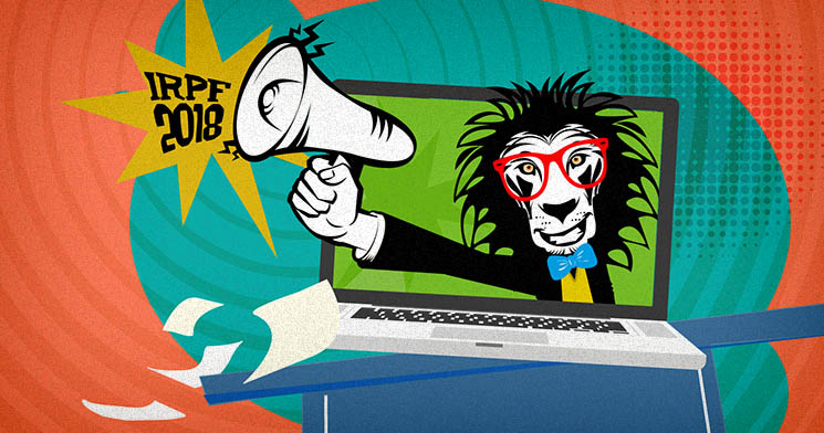 Ilustração de notebook com leão na tela segurando megafone com papeis voando ao redor Ilustração de notebook com leão na tela segurando megafone com papeis voando ao redor