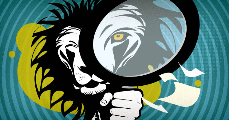 Ilustração de um leão segurando uma lupa com papeis voando ao redor Ilustração de um leão segurando uma lupa com papeis voando ao redor