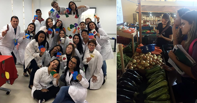 Turma reunida à esquerda. Mostra de alimentos organizada por alunos à direita. Turma reunida à esquerda. Mostra de alimentos organizada por alunos à direita.