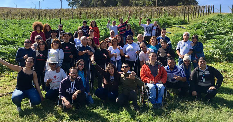 Turma reunida em plantação de uva Turma reunida em plantação de uva