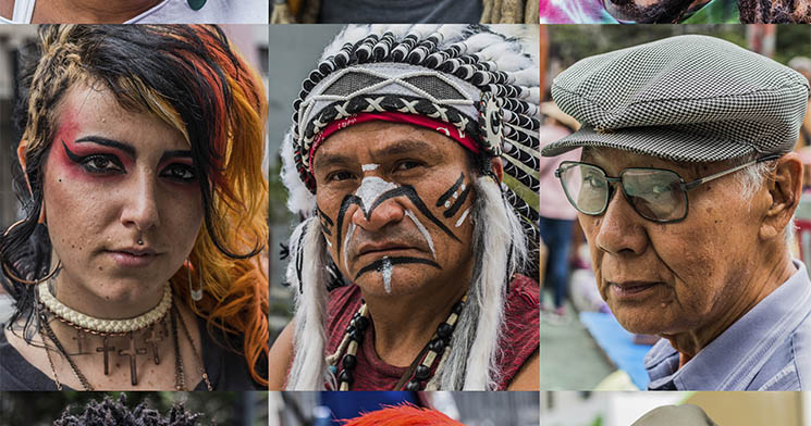 Montagem com três retratos de personagens de São Paulo: uma mulher com maquiagem vermelha nos olhos e mechas coloridas no cabelo, um índio com pintura no rosto e cocar e um idoso japonês com boina na cabeça Montagem com três retratos de personagens de São Paulo: uma mulher com maquiagem vermelha nos olhos e mechas coloridas no cabelo, um índio com pintura no rosto e cocar e um idoso japonês com boina na cabeça