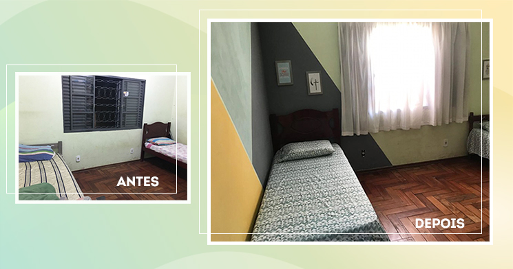 Imagens de antes e depois da obra realizada pela turma do Técnico em Design de Interiores em um dos quartos da entidade social Imagens de antes e depois da obra realizada pela turma do Técnico em Design de Interiores em um dos quartos da entidade social