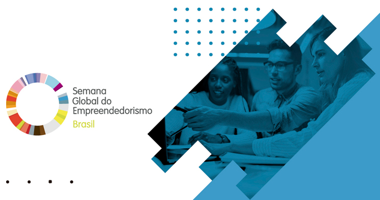 Imagem com fundo branco e logo da Semana Global do Empreendedorismo Brasil. Ao lado direito está uma foto em preto e branco com filtro azul que mostra três pessoas conversando em reunião de trabalho. Imagem com fundo branco e logo da Semana Global do Empreendedorismo Brasil. Ao lado direito está uma foto em preto e branco com filtro azul que mostra três pessoas conversando em reunião de trabalho.