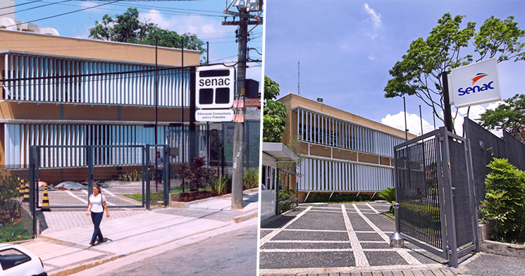 Montagem com duas fotos da fachada da unidade, uma registrada em 2000 e a outra registrada atualmente. Acervo do Centro de Memória Senac São Paulo Montagem com duas fotos da fachada da unidade, uma registrada em 2000 e a outra registrada atualmente. Acervo do Centro de Memória Senac São Paulo