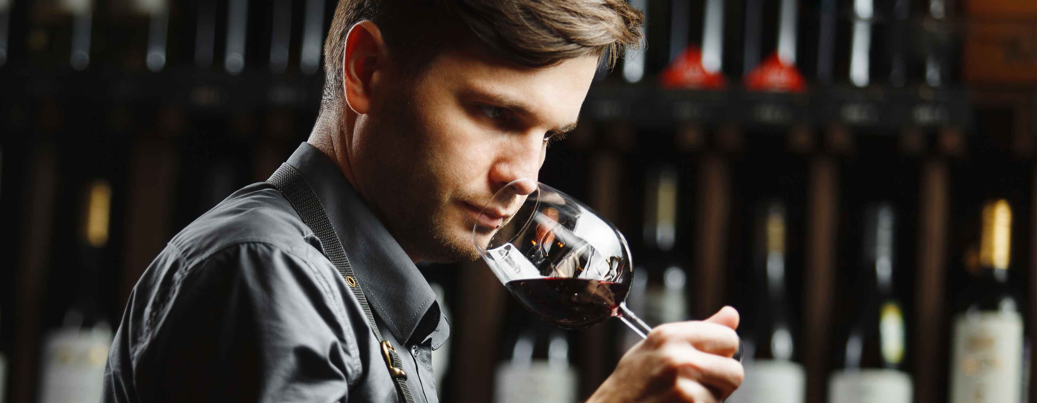 Básico em Vinhos: degustação, harmonização e serviço - Foto de um homem segurando uma taça de vinho na mão
