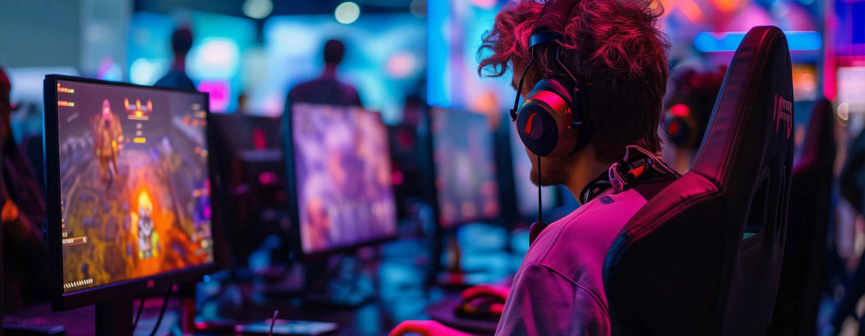 Imagem de um homem jogando videogame no computador em uma lan house.