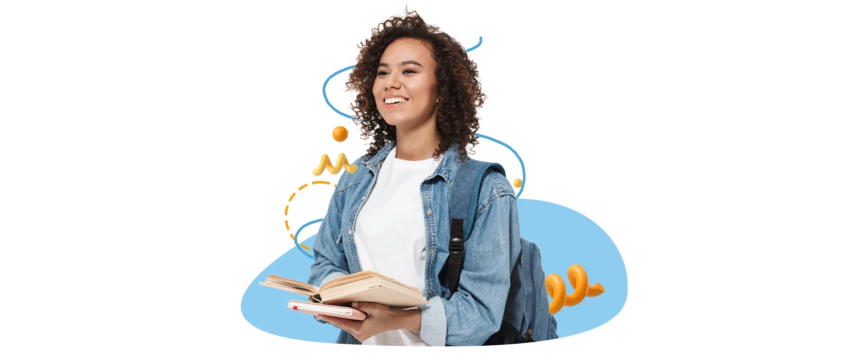 Montagem de uma jovem com livro na mão e com objetos tridimensionais azuis e laranjas de fundo.