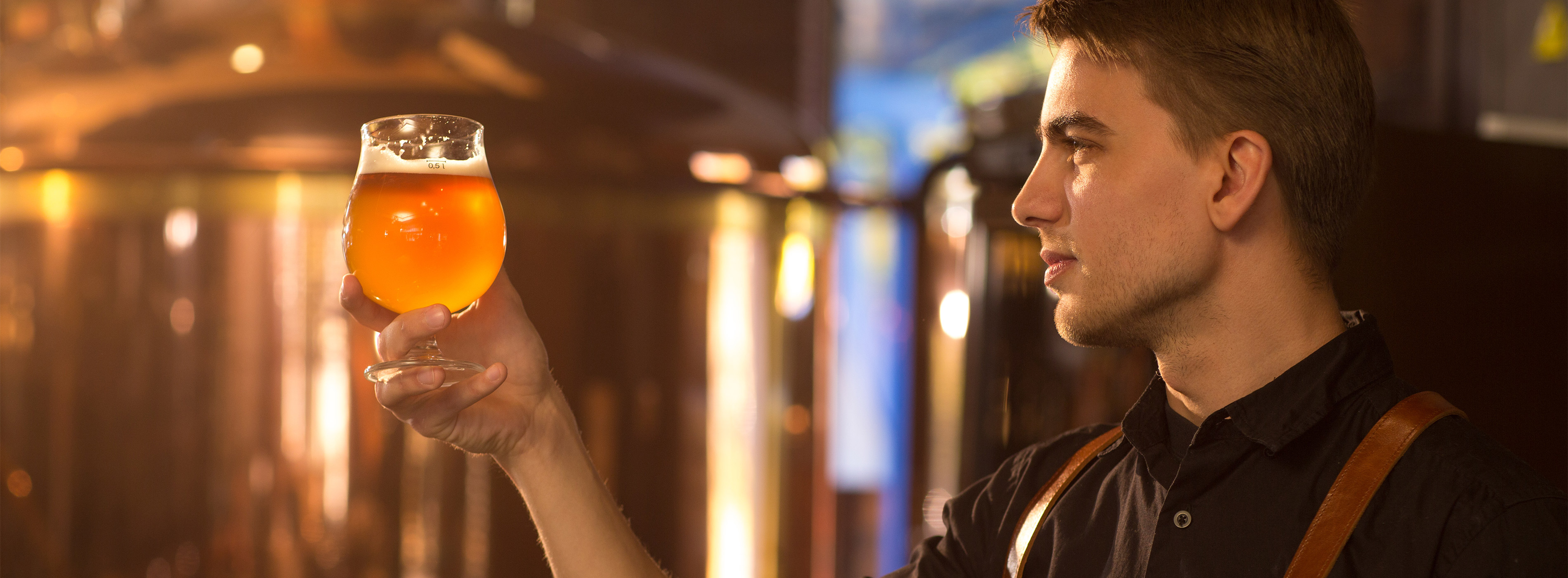 Formação de Sommelier: cervejas - foto de homem segurando uma taça de cerveja e observando em um bar.