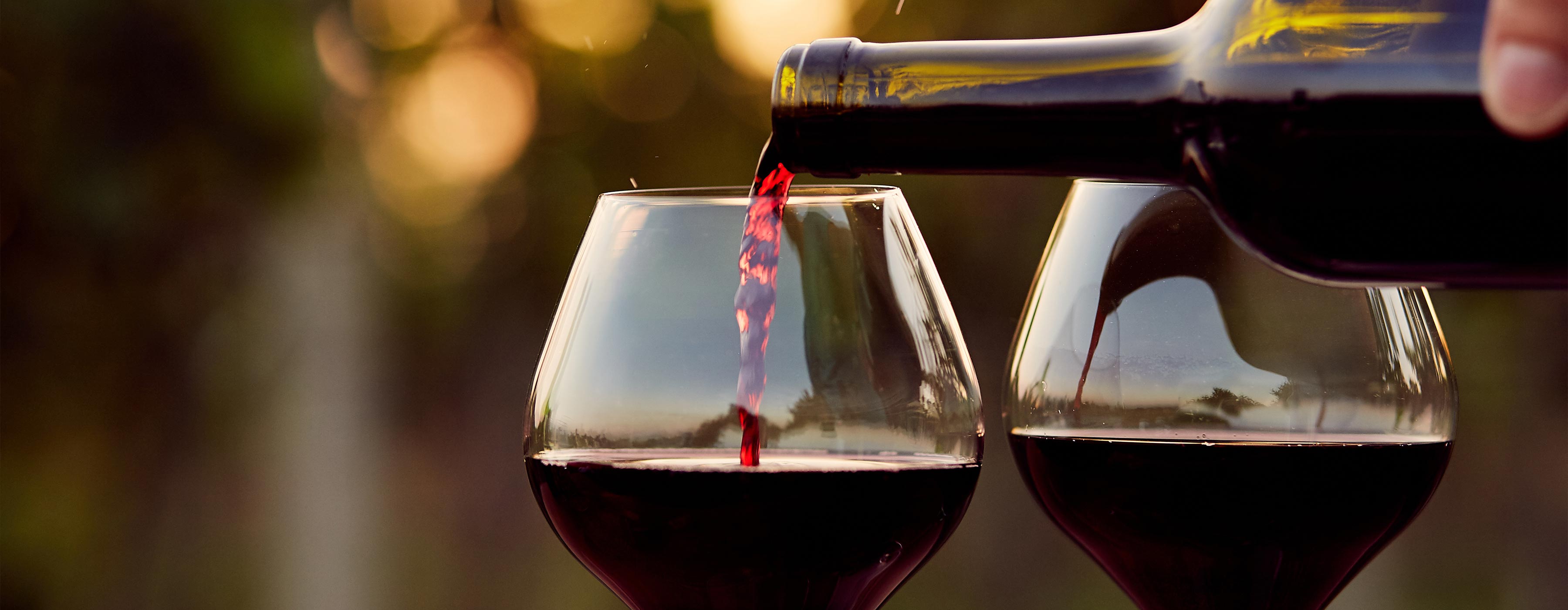 Formação de Sommelier: vinhos do Velho Mundo. Foto bem aproximada de duas taças, com alguém colocando vinho tinto em uma delas.