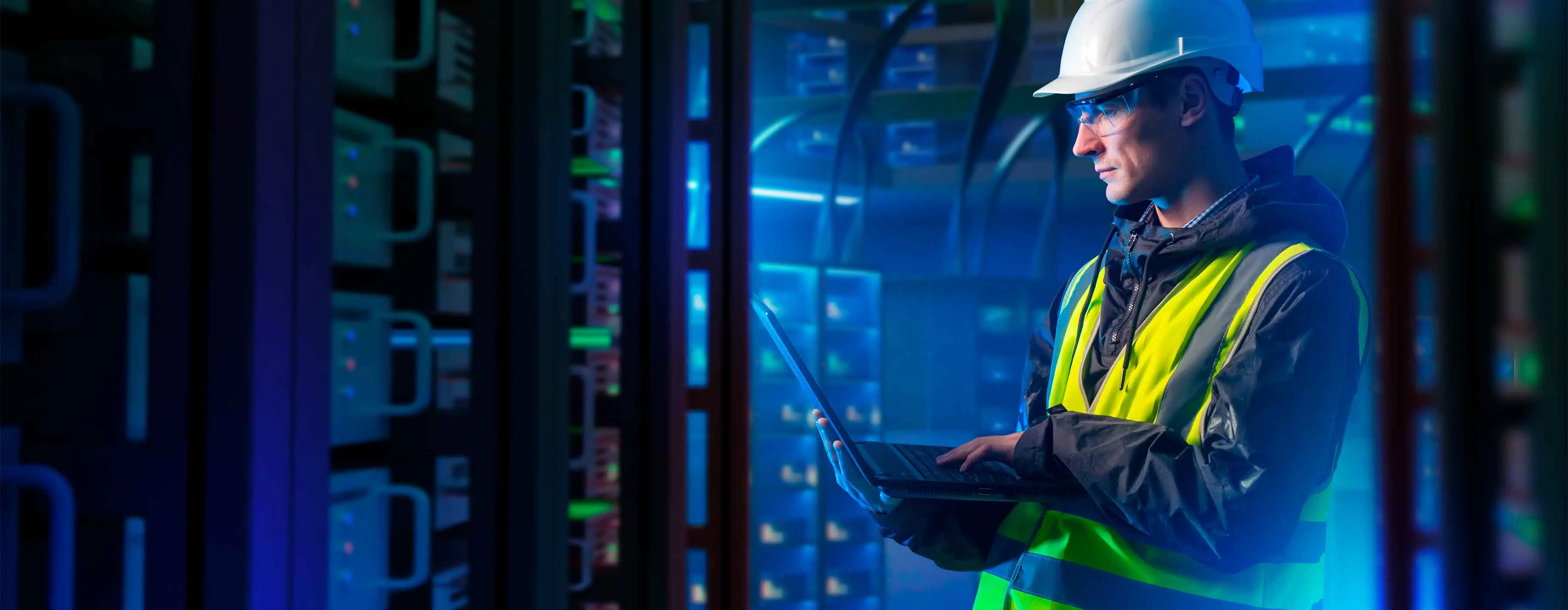 Planejamento, Dimensionamento e Documentação de Redes de Computadores - foto de homem segurando um laptop e vestindo equipamentos de segurança.