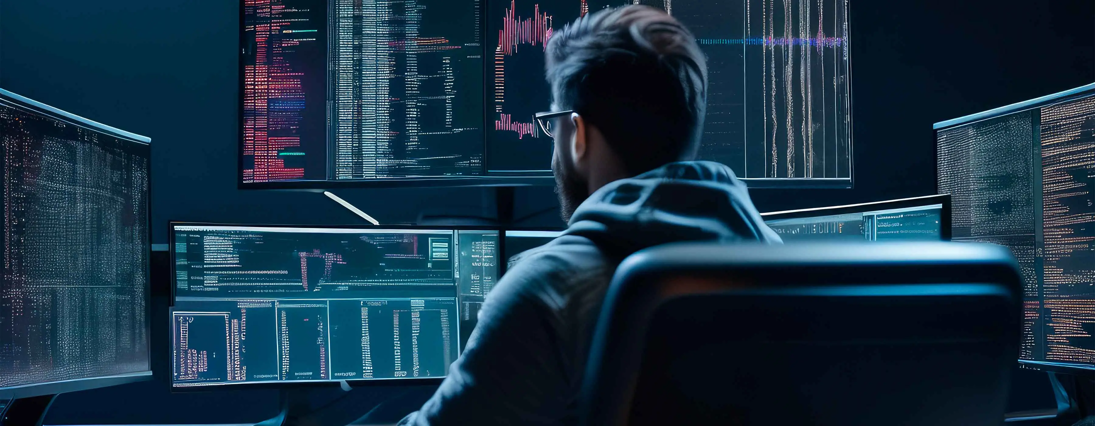 Virtualização: tecnologias de redes aplicadas - foto de homem sentado em cadeira em frente a várias telas de computador.
