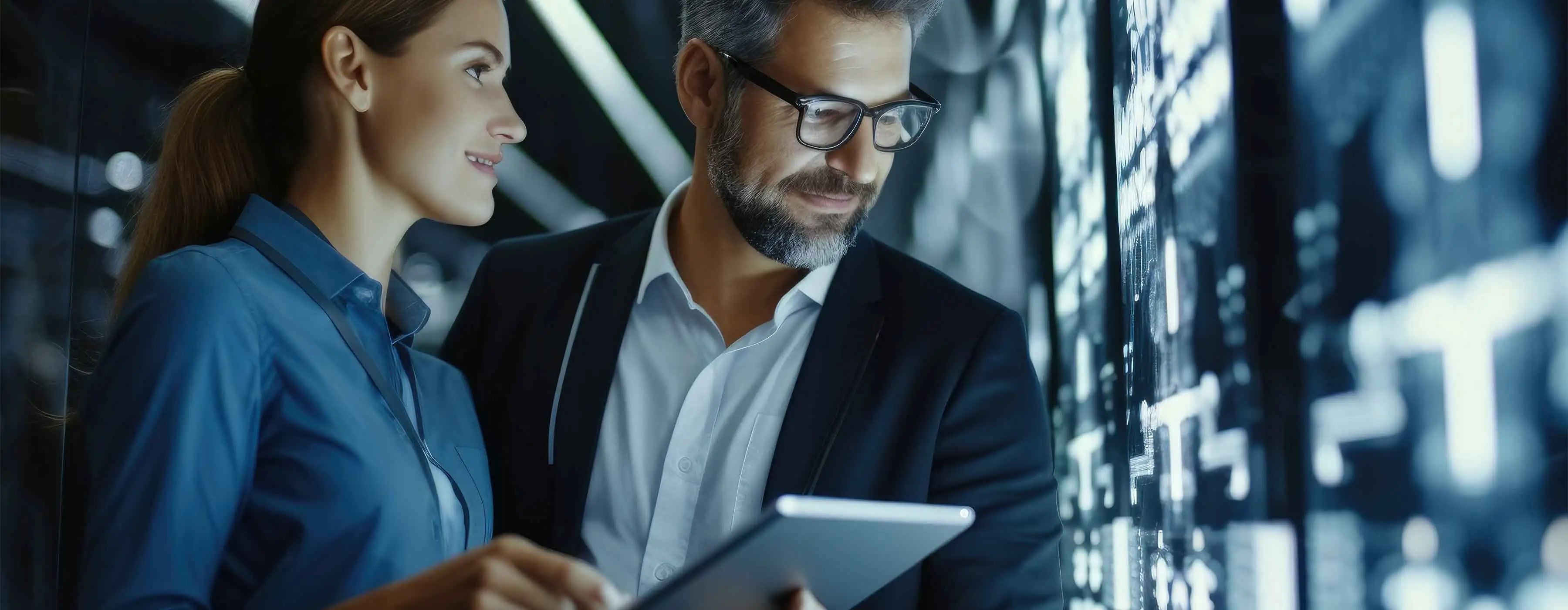 AWS Certified Cloud Practitioner - foto de home m e mulher olhando para telas de monitores