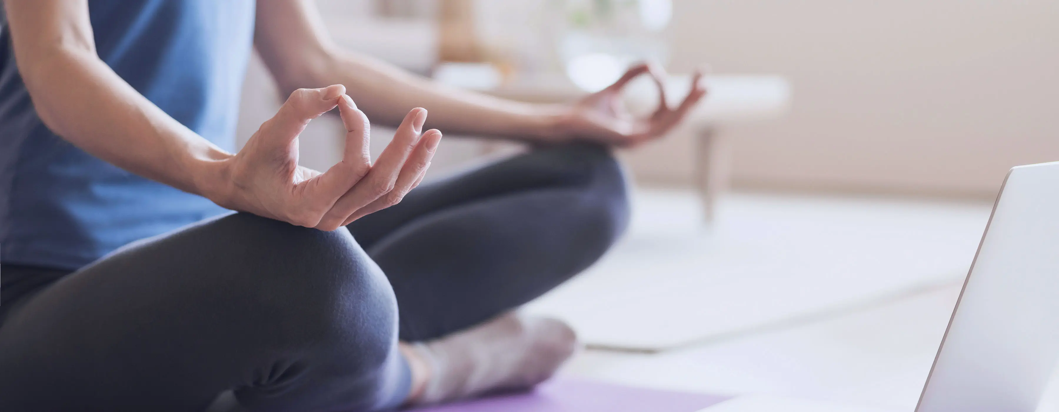 Foto de uma pessoa sentada em padmasana com os indicadores e polegares tocando em cada mão sobre joelhos no mat em frente ao notebook.