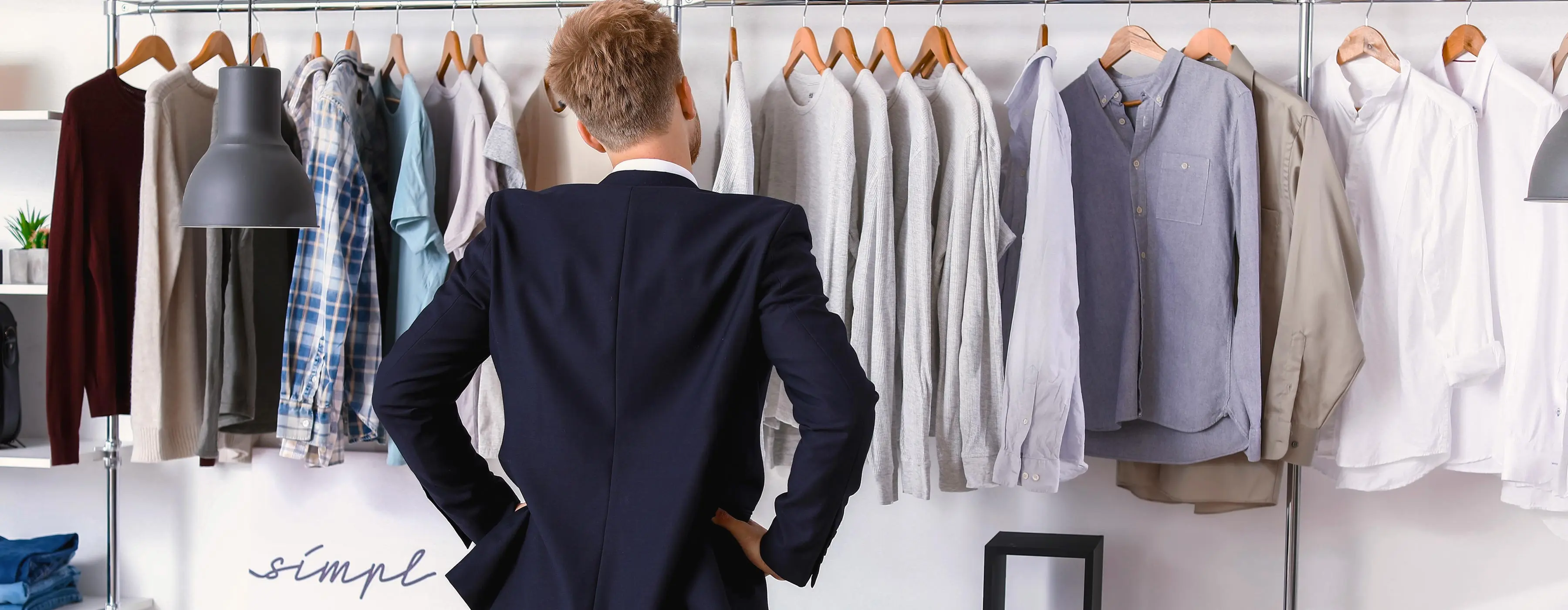 Foto de homem de costas e olhando para uma arara de camisas e blusas.