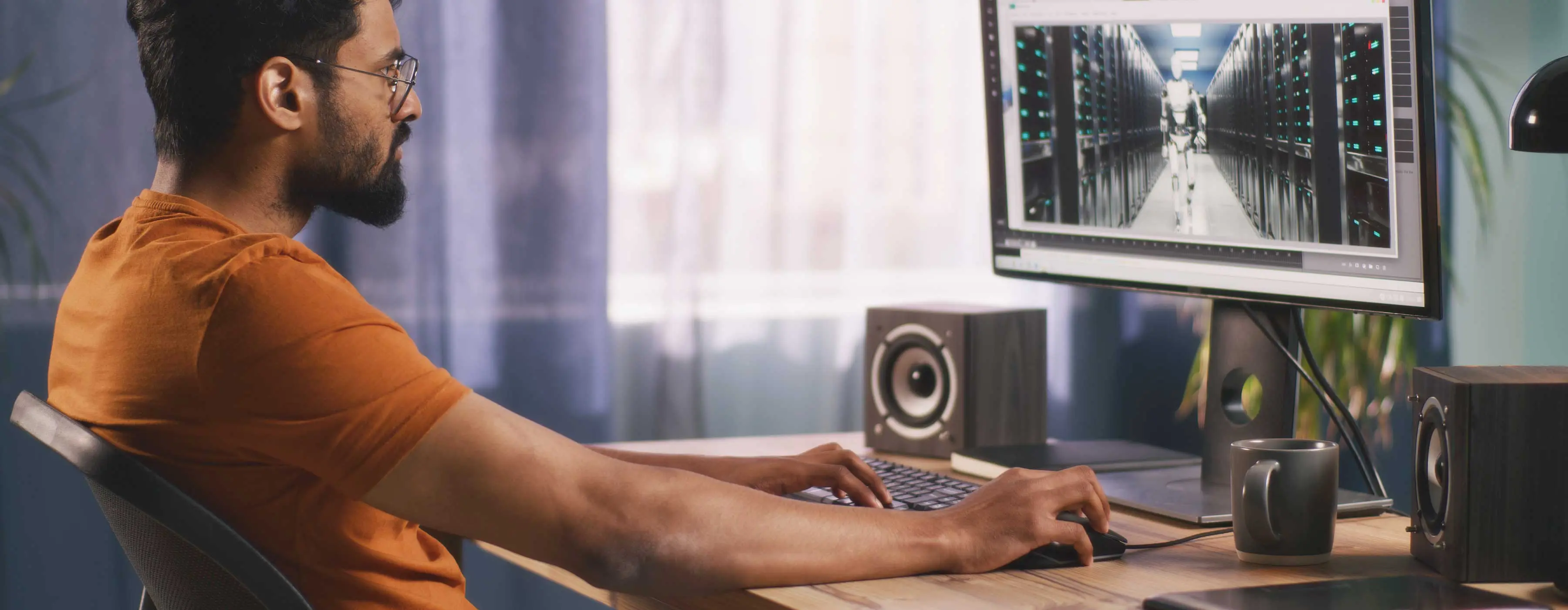 Foto de homem criando robô em 3D em software em computador.