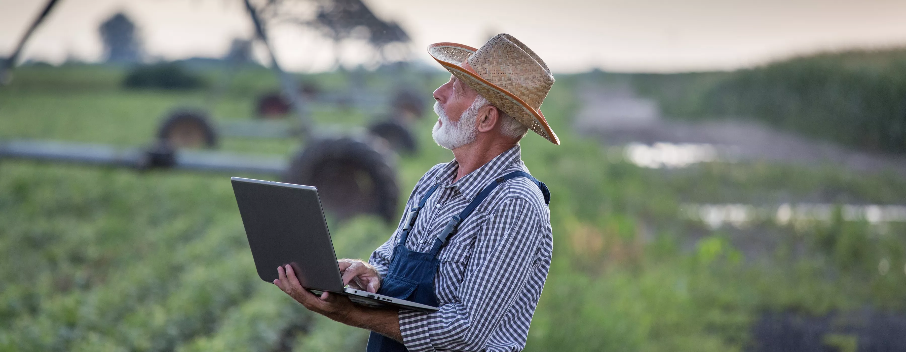 Foto de um homem agricultor em um campo aberto observando o ambiente a sua volta enquanto segura e verifica informações em um notebook.