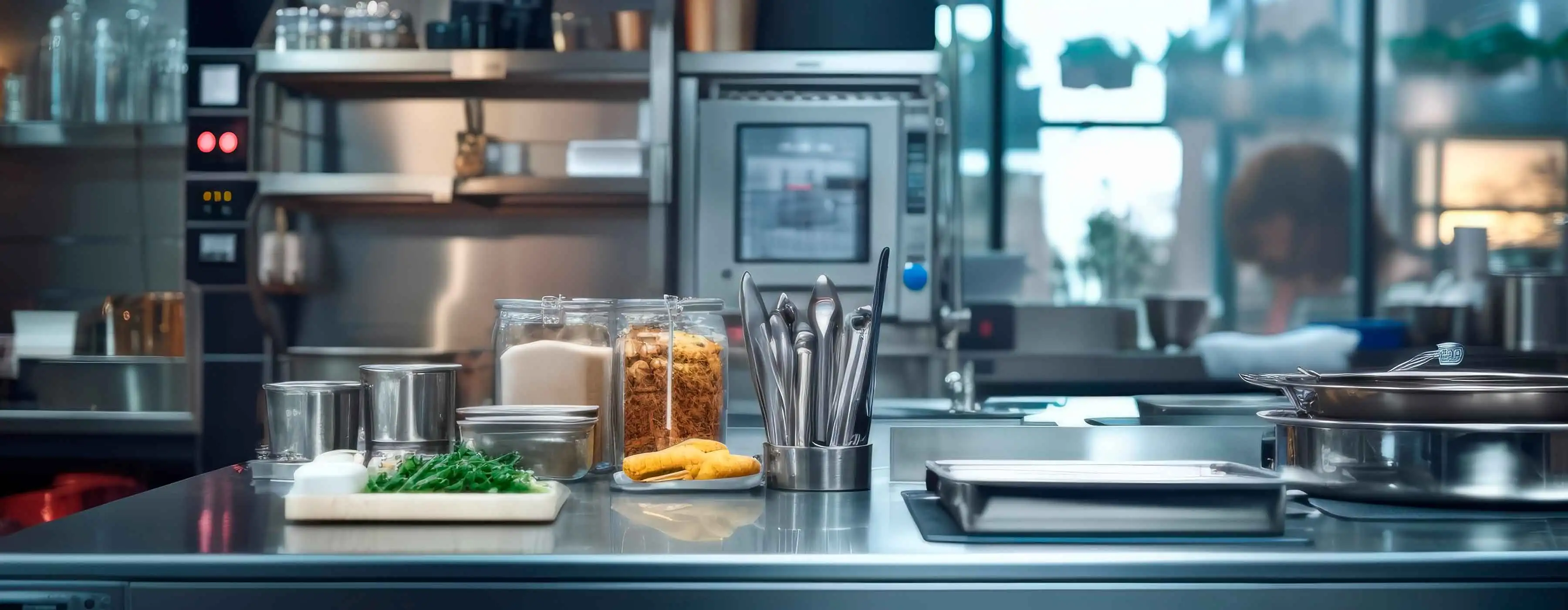 Foto de uma cozinha profissional, focando em objetos em uma mesa, como talheres, facas, alimentos