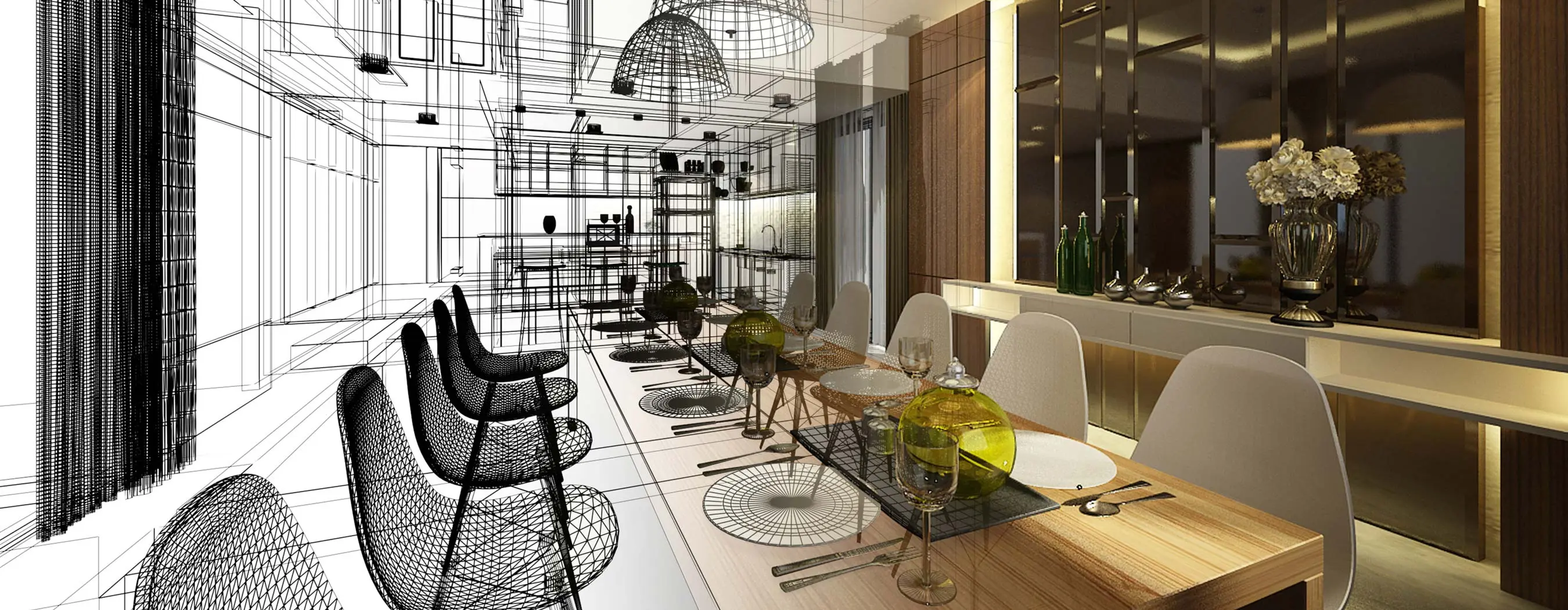 Foto de um projeto em 3D de design de interiores de uma sala de jantar para estandes