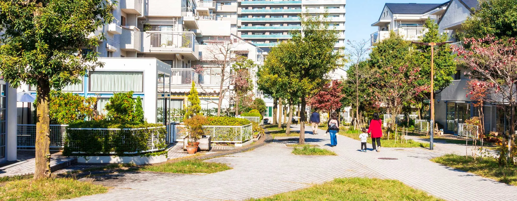 foto de uma rua arborizada, exclusiva para passagem de pedestre, com prédios baixos e casas e pedestres caminhando.