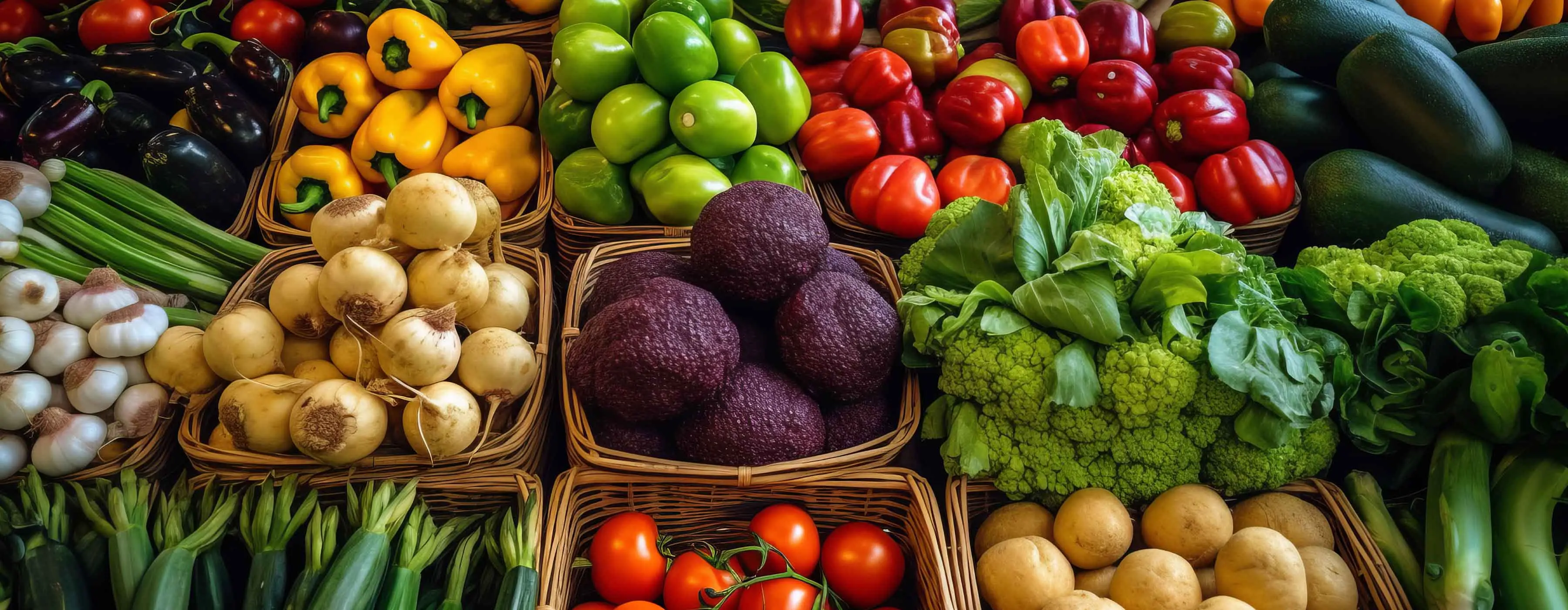 Foto de verduras e legumes em cestas para exposição dos alimentos.