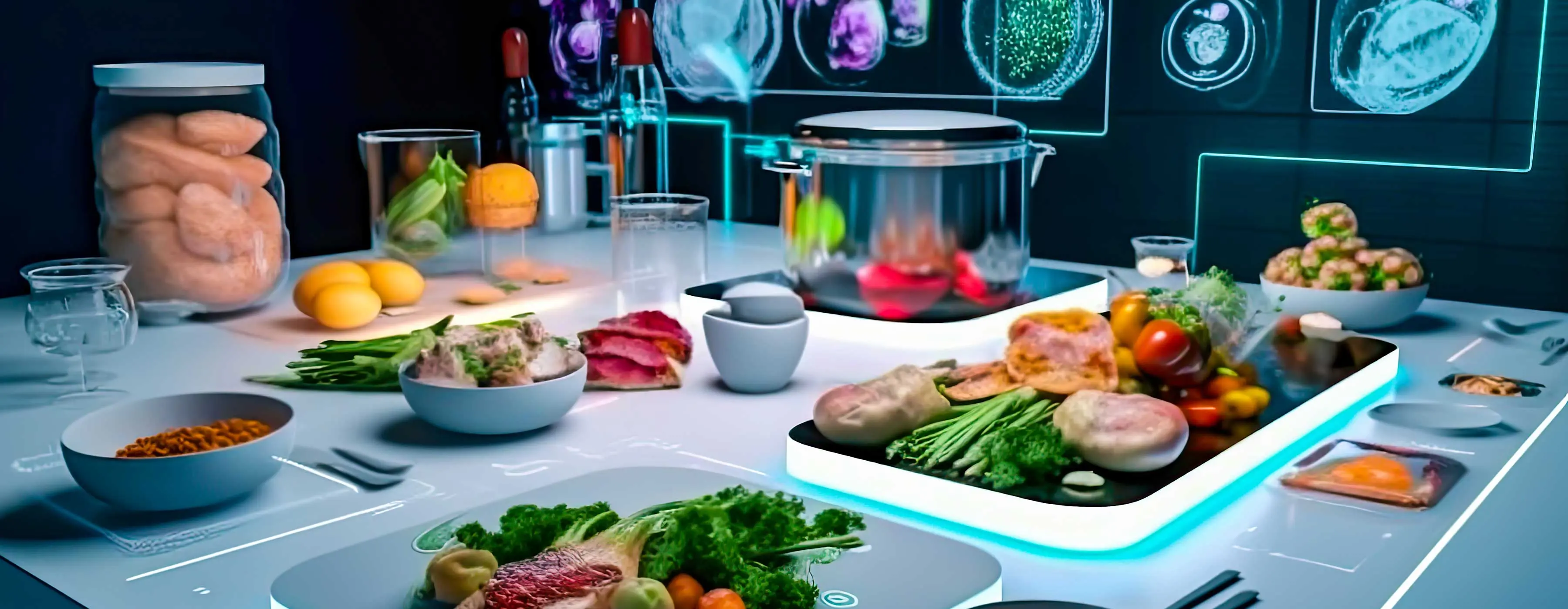 Foto de uma mesa com comidas sobre pratos com luzes de led.