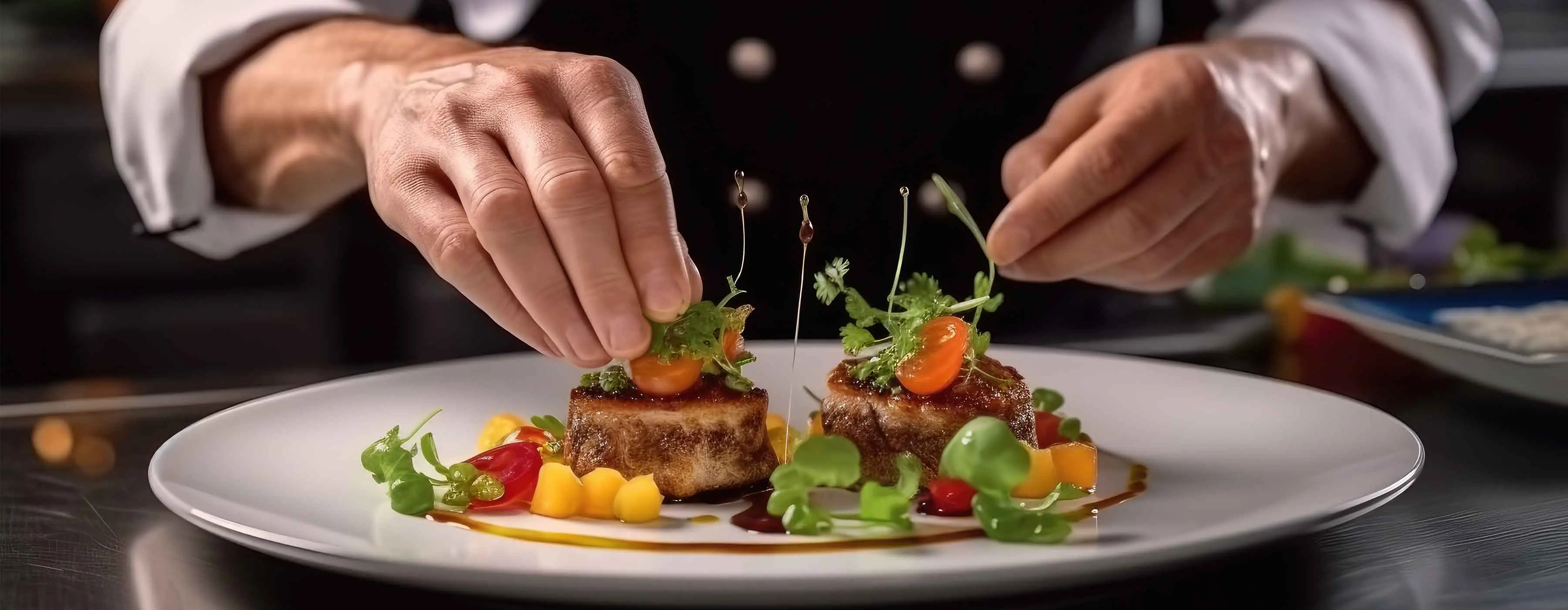 Foto em close de um prato de comida sendo montado por um chef de cozinha.