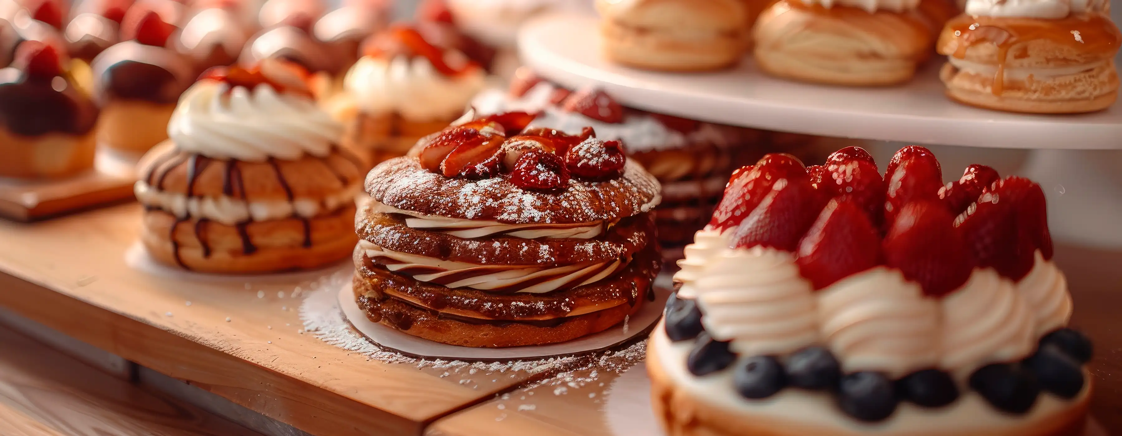 Foto de três doces gourmet decorados com morangos.