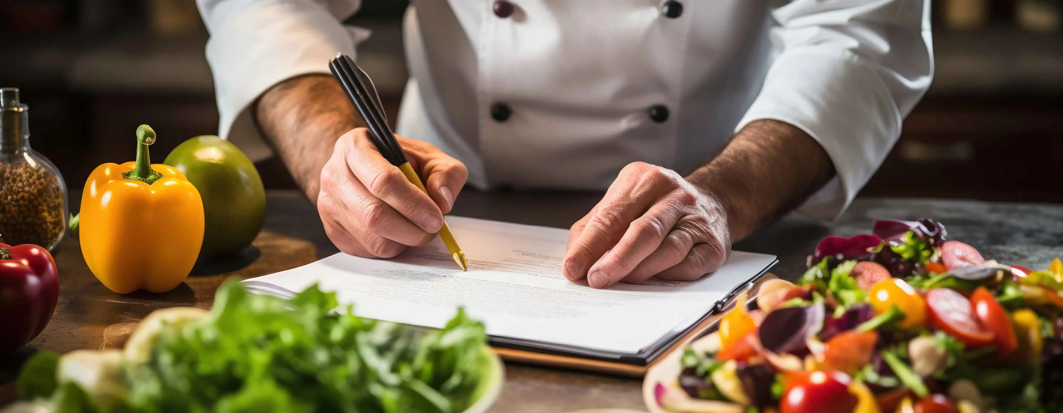 Foto de um cozinheiro escrevendo em um caderno, em uma mesa com legumes e verduras