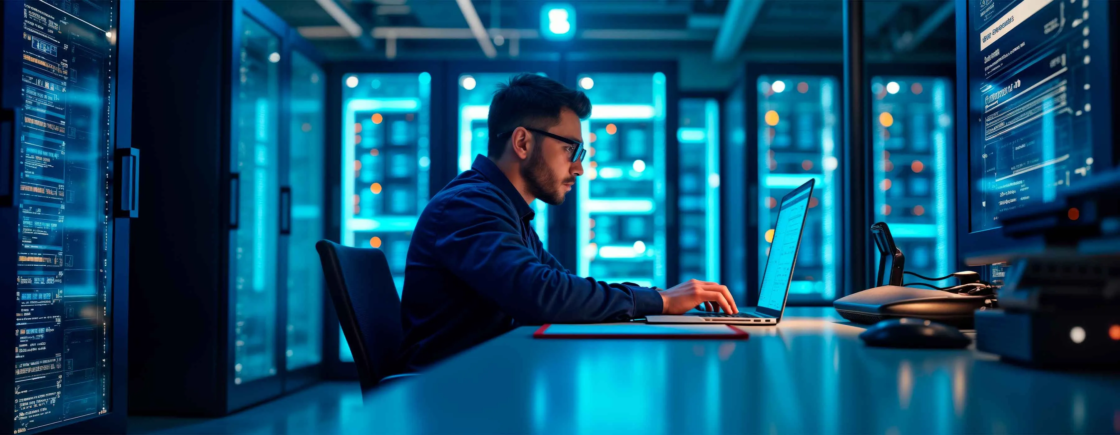 Imagem lateral de um homem mexendo no notebook no fundo azul.