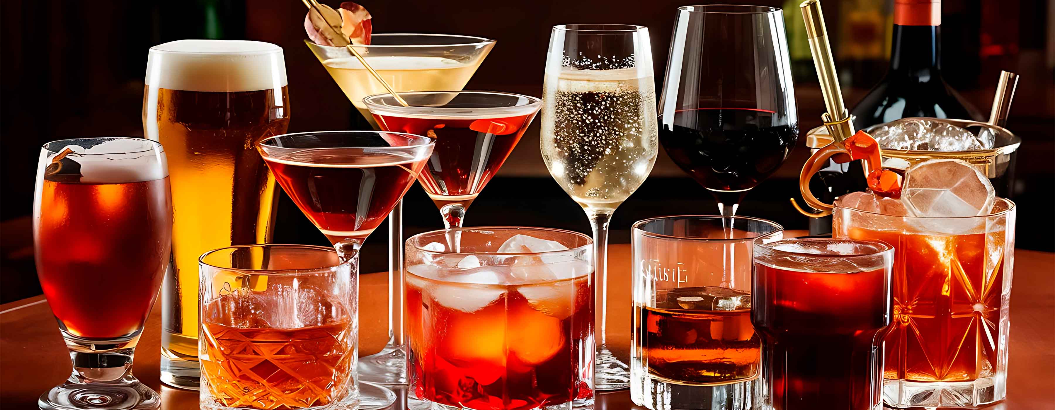 Pós-graduação em Bebidas: serviços, experiências e gestão - foto com fundo escuro e uma mesa redonda de madeira com diferentes taças e copos com drinks e bebidas.