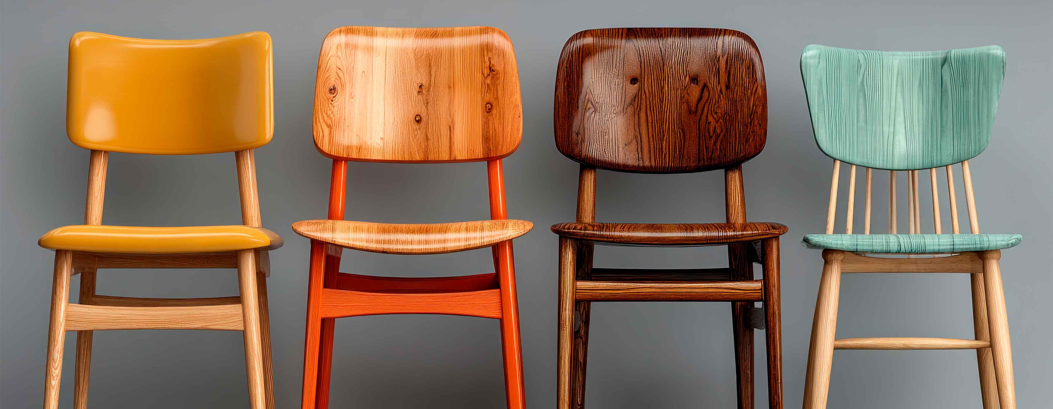 Foto de quatro da cadeiras de madeira, uma ao lado da outra.