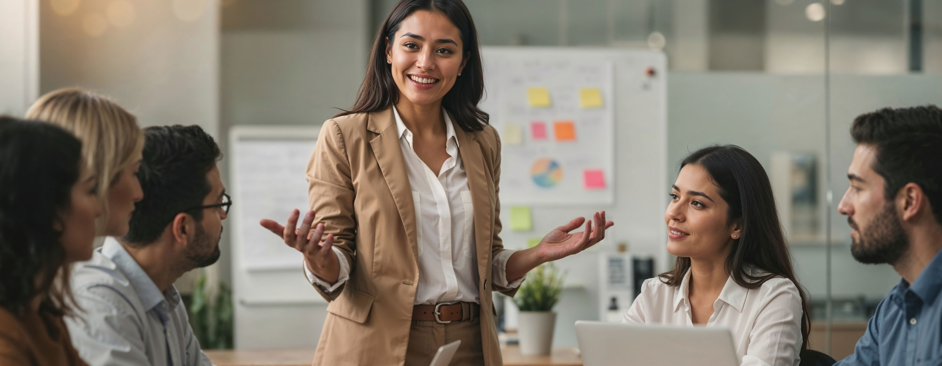 Assistente de Recursos Humanos - Foto de pessoas sentadas em uma mesa dentro de uma sala de reunião com paredes de vidro. No centro, uma mulher está de pé, usando um blazer bege e camisa branca. 