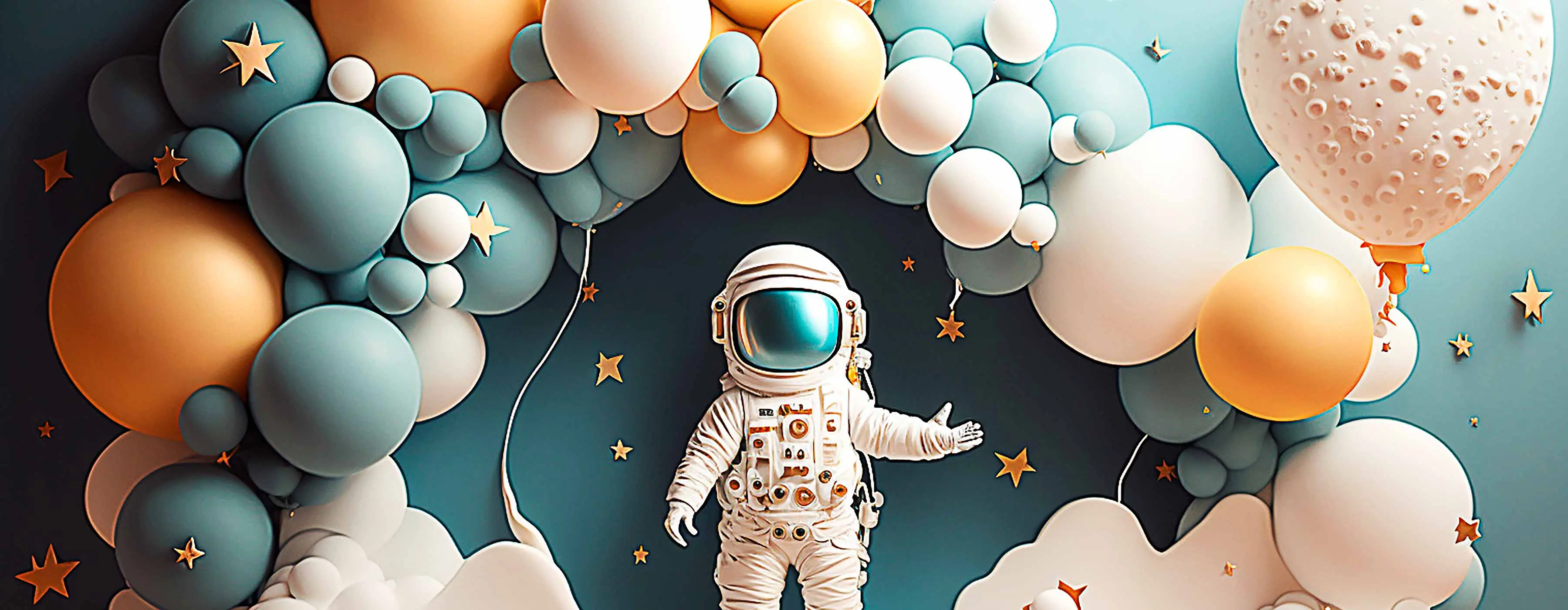 Foto de um arco de balões infláveis com um astronauta no centro.