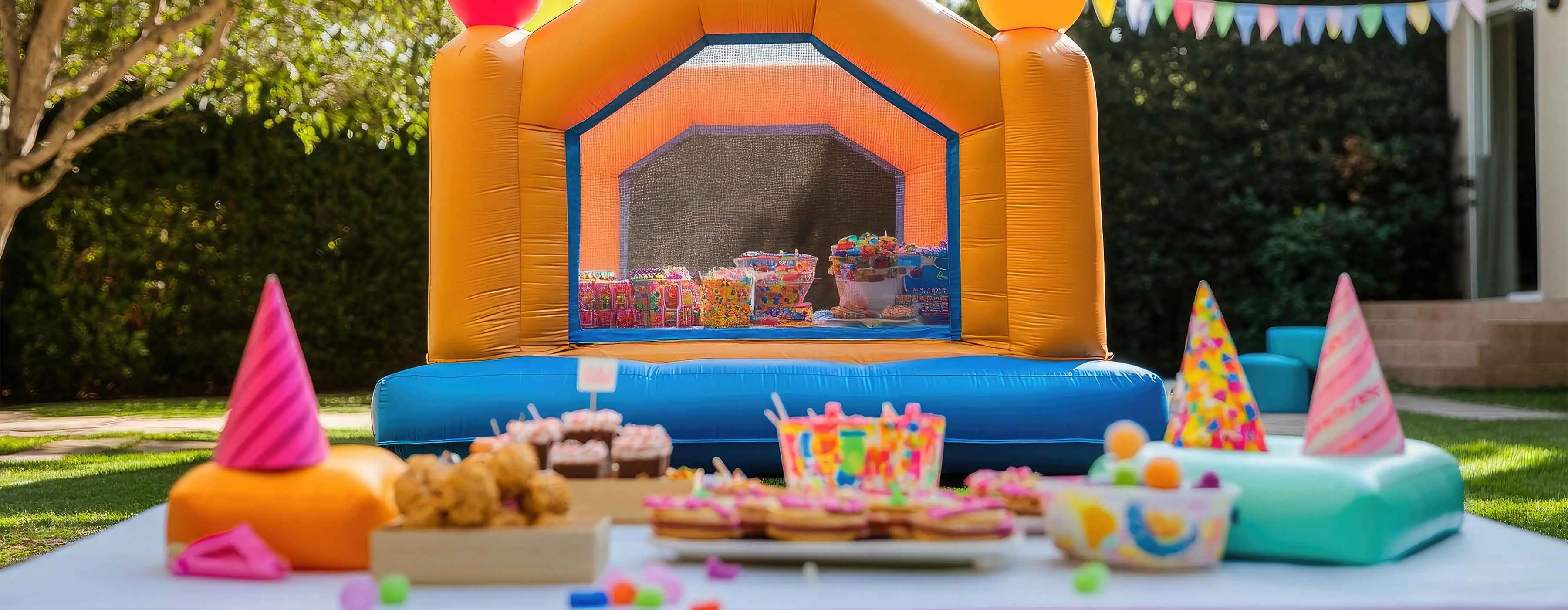Uma mesa de doces de festa infantil. Ao fundo, um brinquedo inflável chamado pula pula.