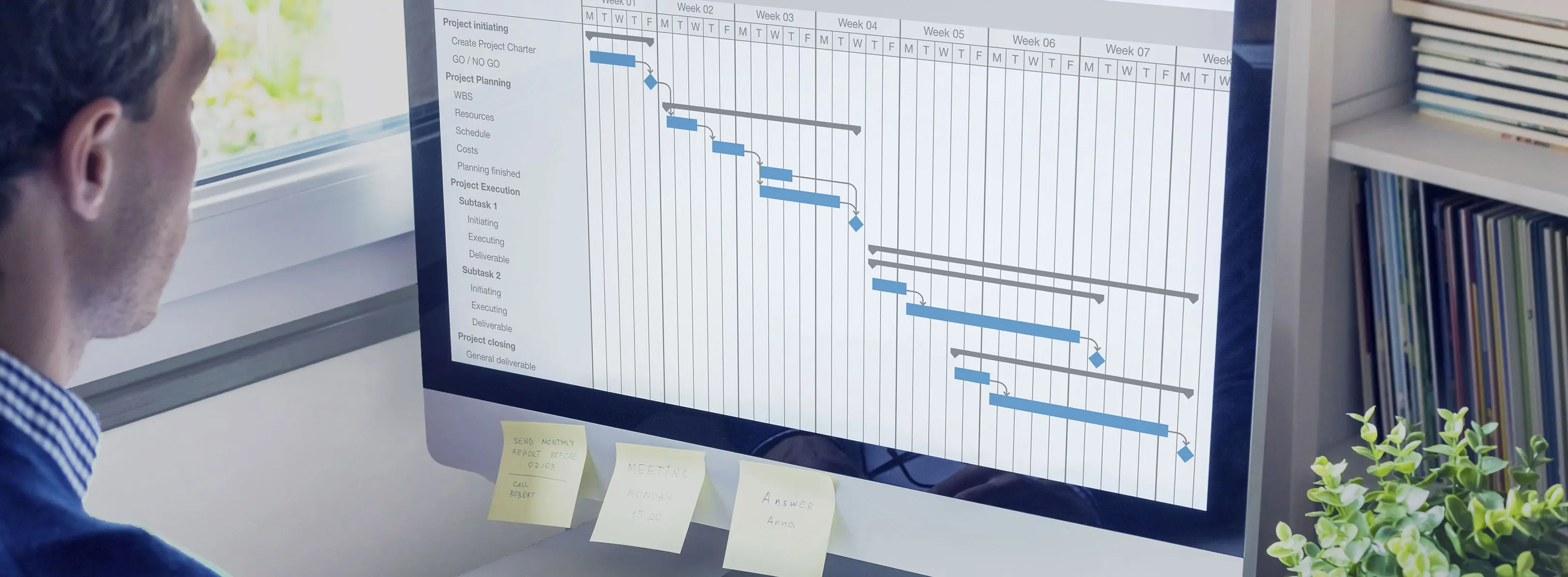 Foto em close de uma pessoa olhando o monitor onde é mostrado um gráfico de planejamento de projetos.