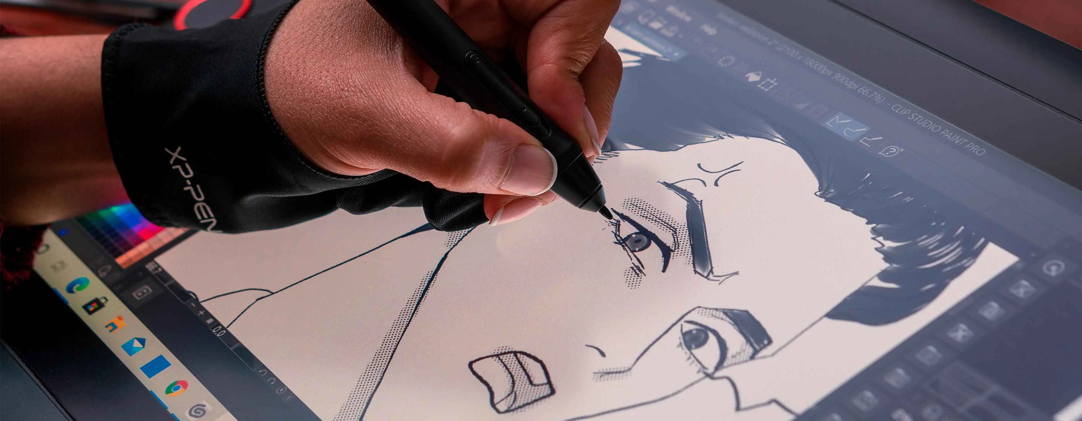 Foto de mão usando caneta em um monitor que tem um desenhos de um homem