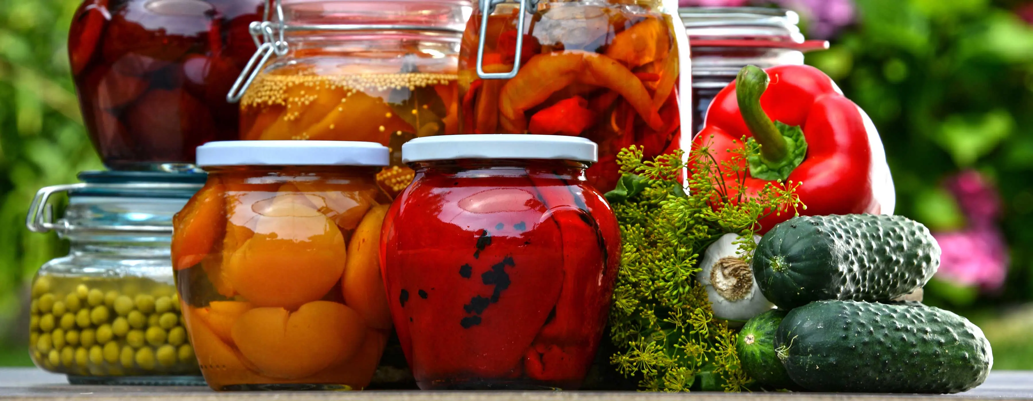 Foto de um jardim ao fundo, a imagem, bem colorida, traz em primeiro plano diversos potes lacrados com alimentos em conserva. No lado de fora, um pimentão e dois pepinos.