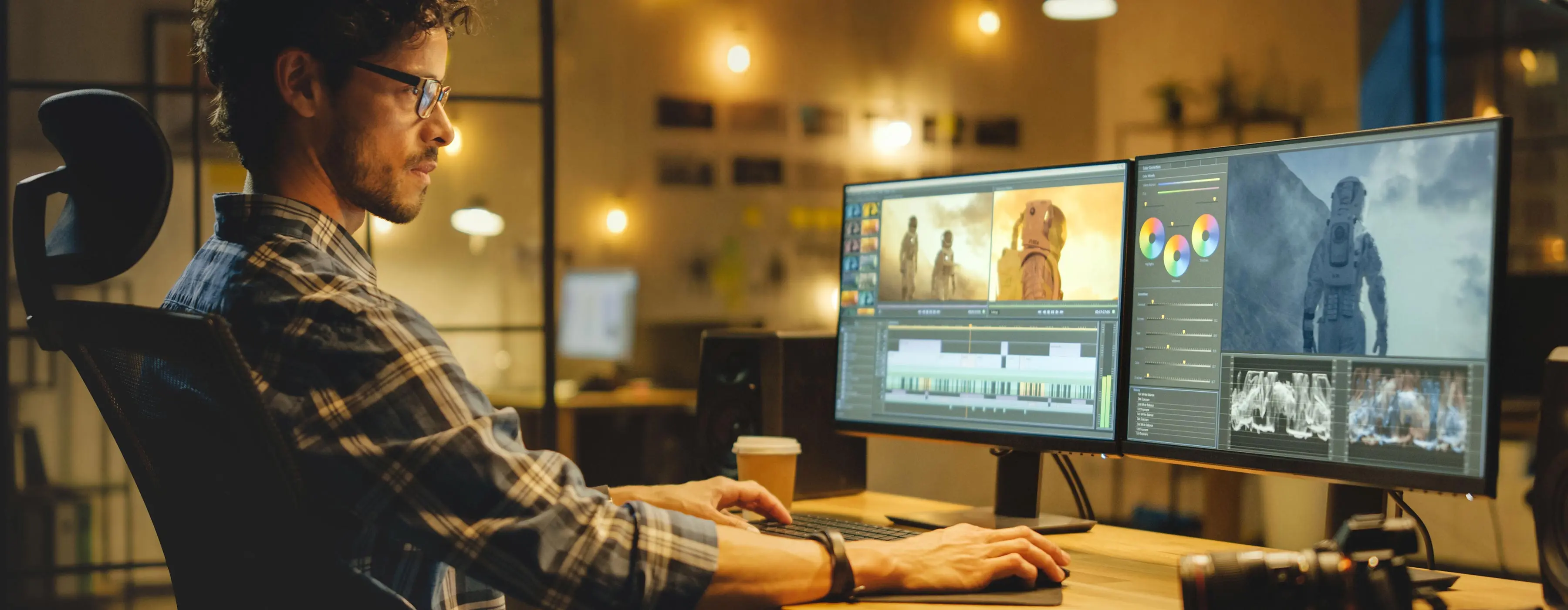 Foto de homem sentado, mexendo em software de design no computador.