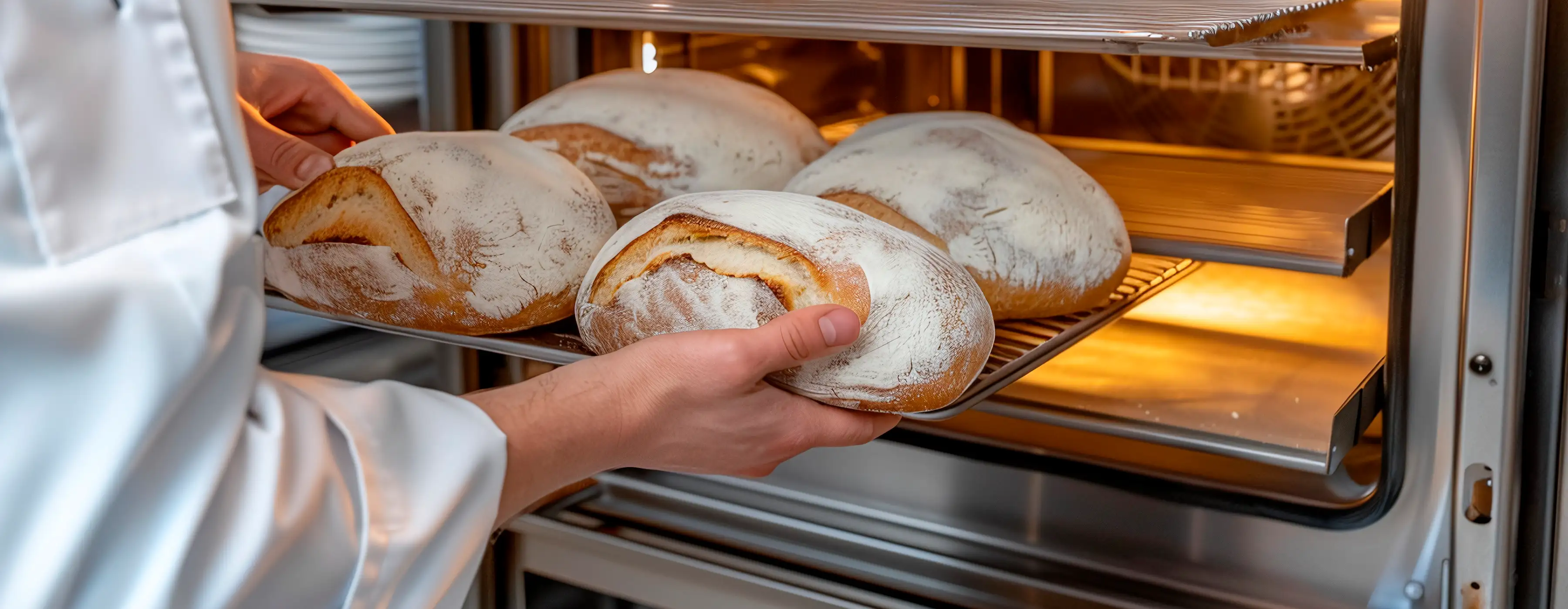 quatro pães são colocados para aquecer no forno