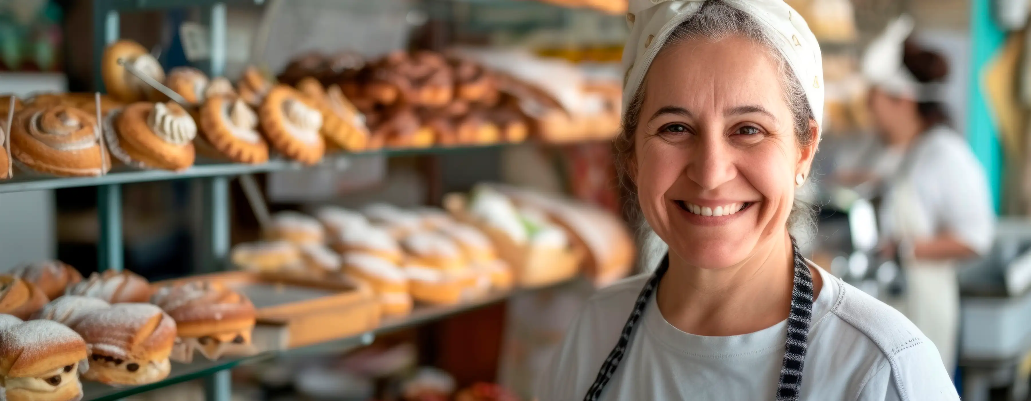 Uma mulher sorri para a câmera. Ao lado, uma prateleira com diversos tipos de pães.