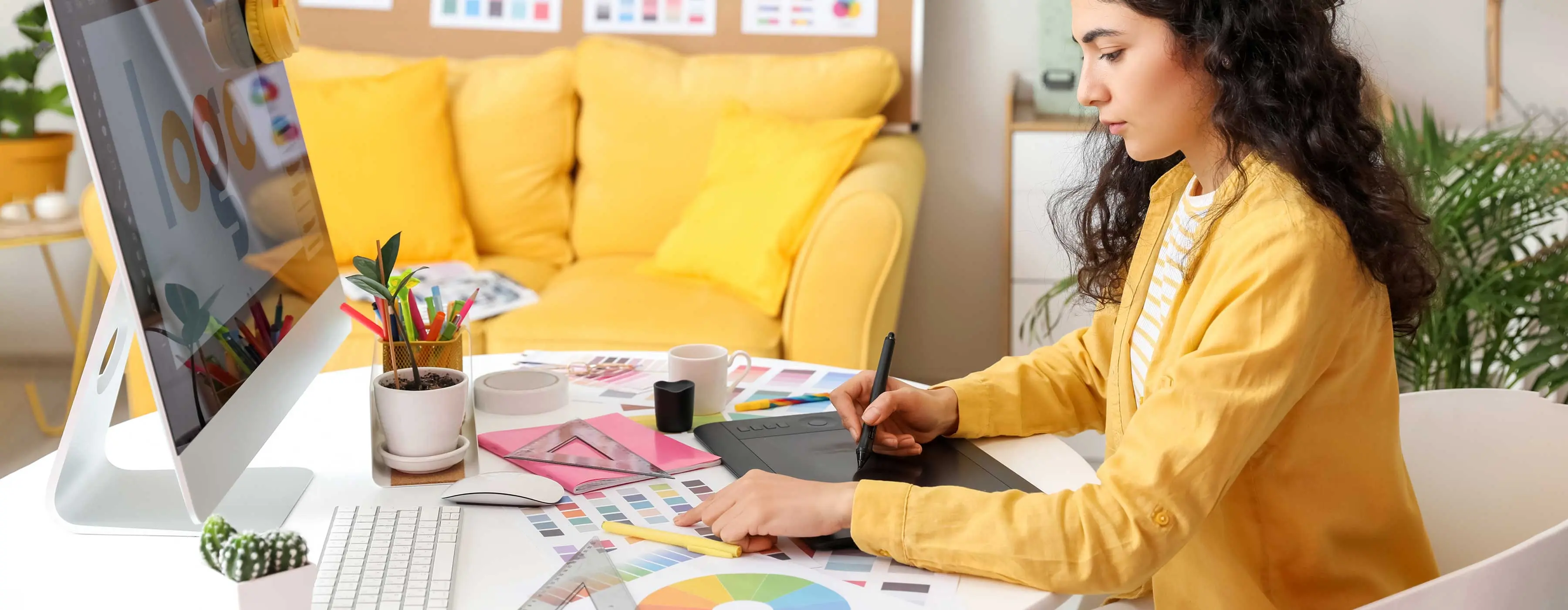 Foto de uma mulher checando paleta de cores e usando em mesa digitalizadora na frente de computador.