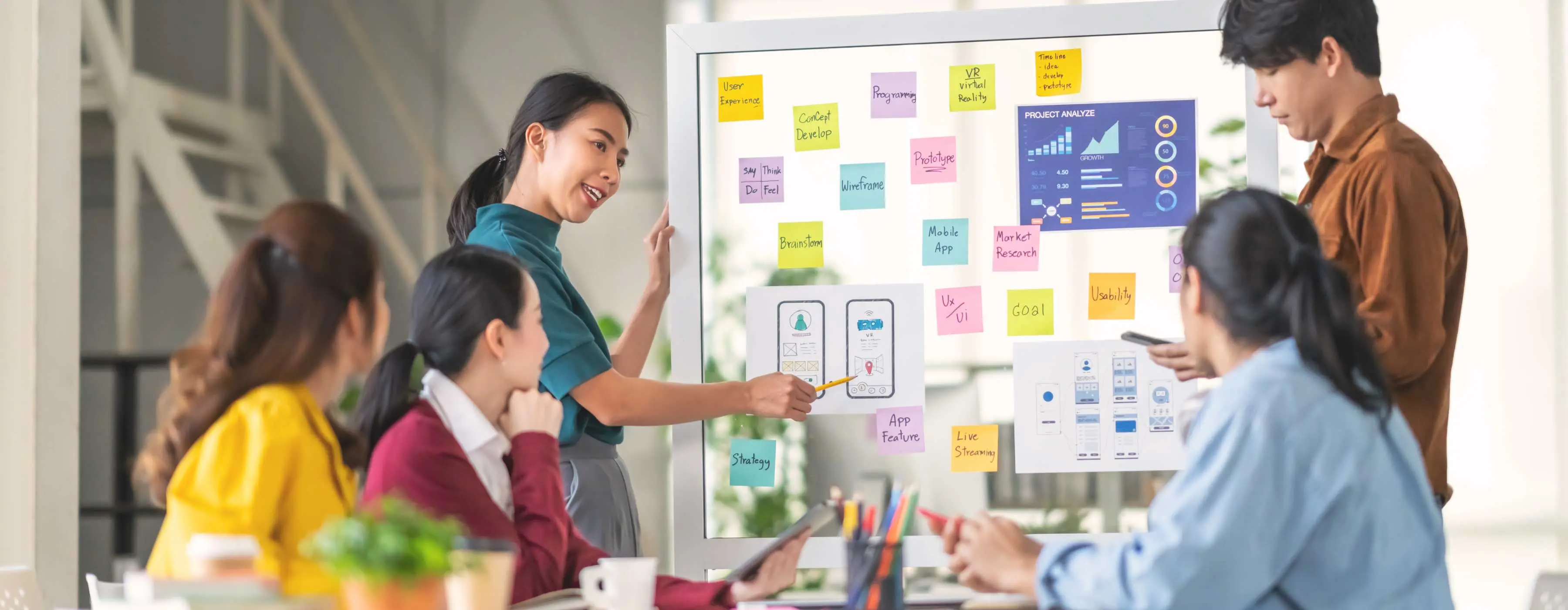 Foto de reunião de grupo de pessoas sobre protótipos de aplicativo com post its e gráficos e fluxograma.