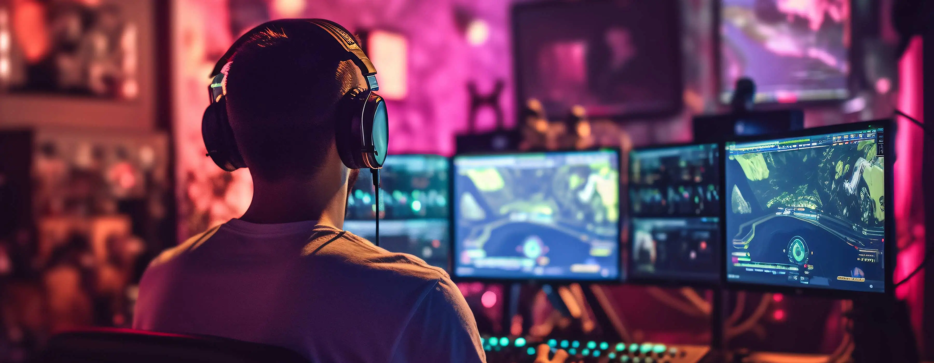 Foto de homem de costas usa fone de ouvido e olha para três telas de computador, onde há um jogo.
